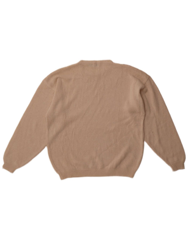 Suéter feminino vintage com gola redonda Reino Unido 14 algodão floral bege médio