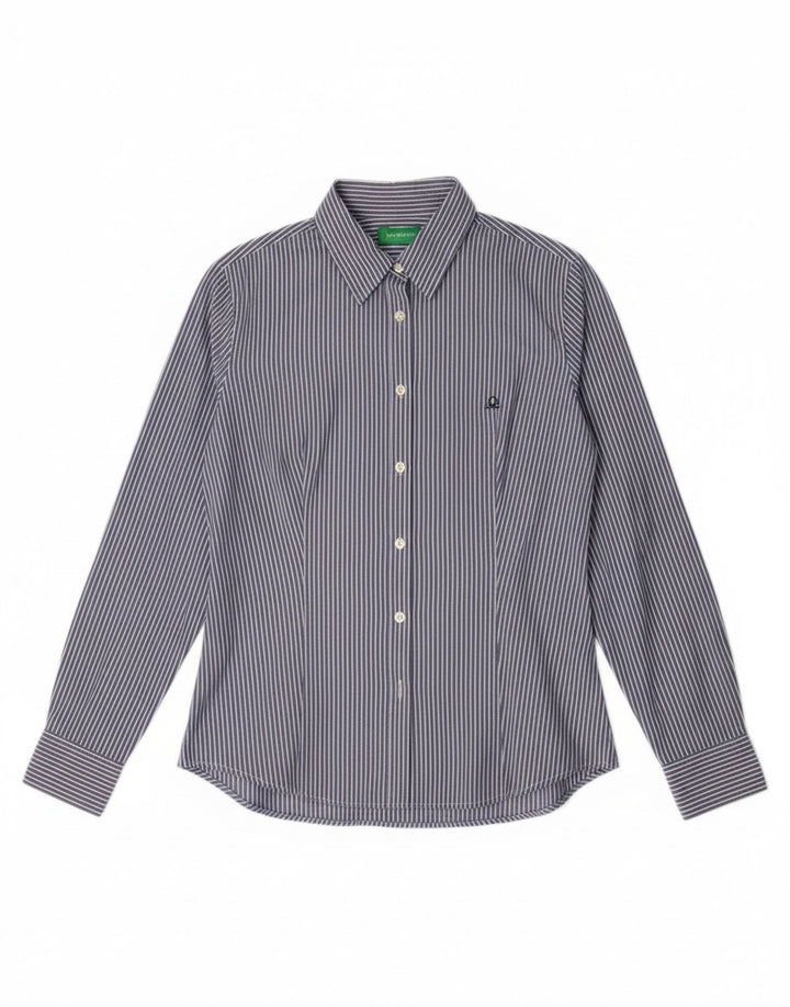 Camisa feminina Benetton UK 14 risca de giz azul médio
