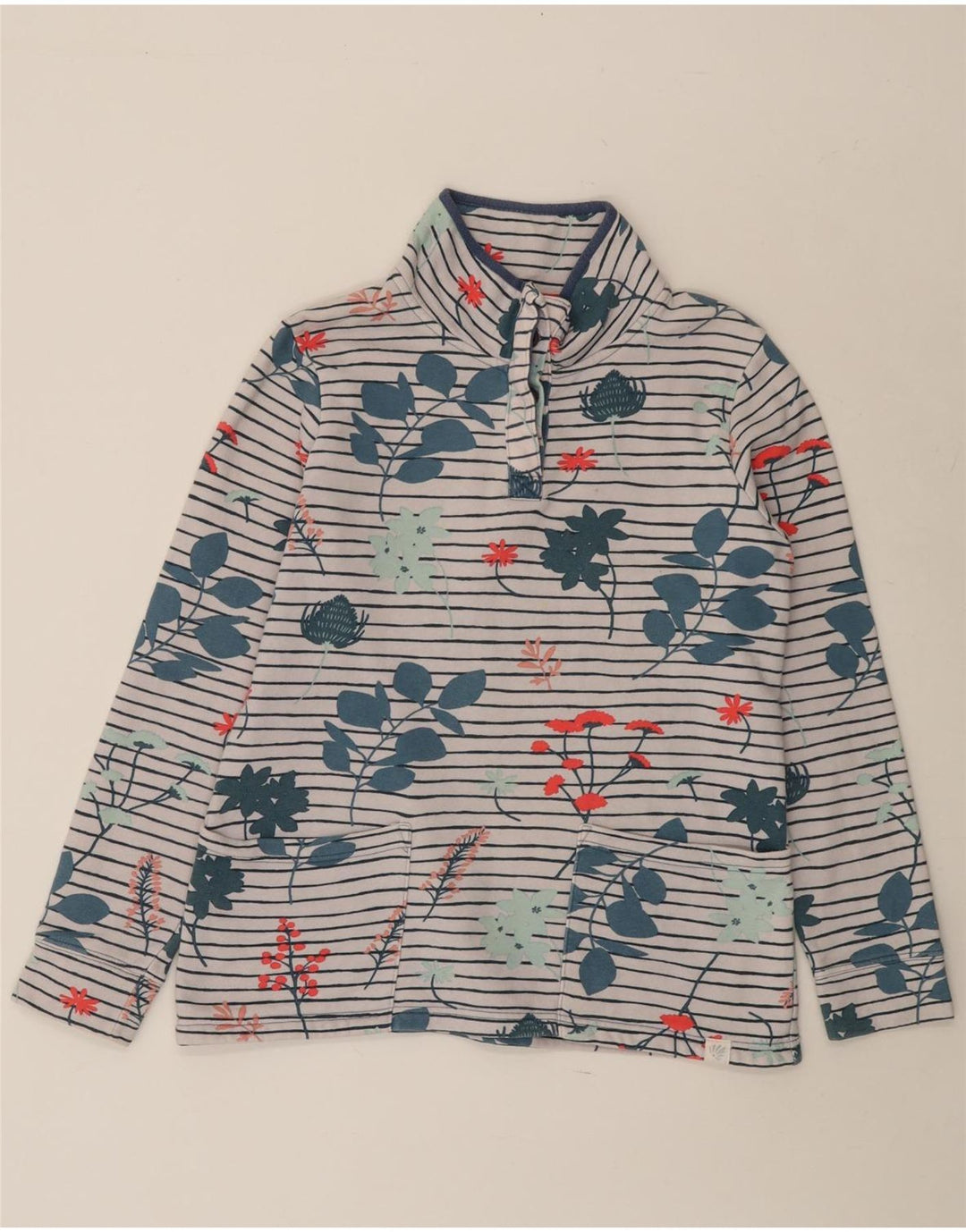 JOULES Suéter feminino com gola redonda e botão UK 10 pequeno floral branco