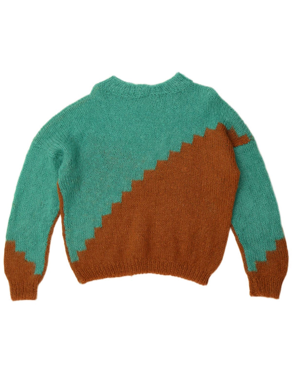 Suéter feminino vintage com gola canoa Reino Unido 14 grande bloco colorido verde