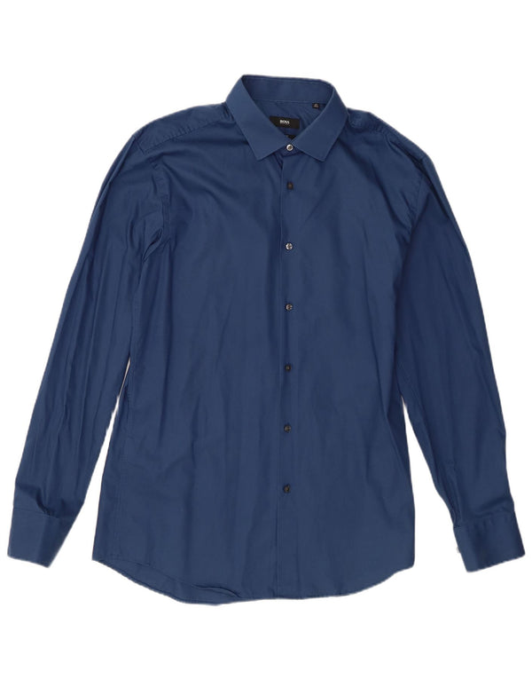 Camisa masculina Hugo Boss Slim Fit tamanho 42 16 1/2 grande algodão azul