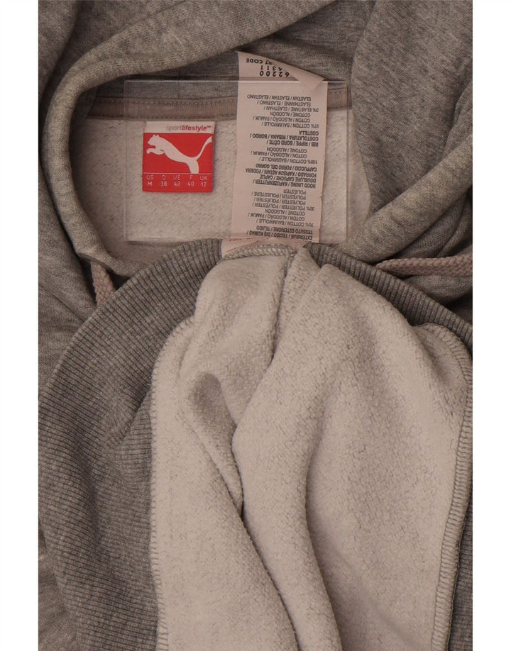 Puma feminino gráfico moletom com capuz UK 12 algodão manchado cinza médio