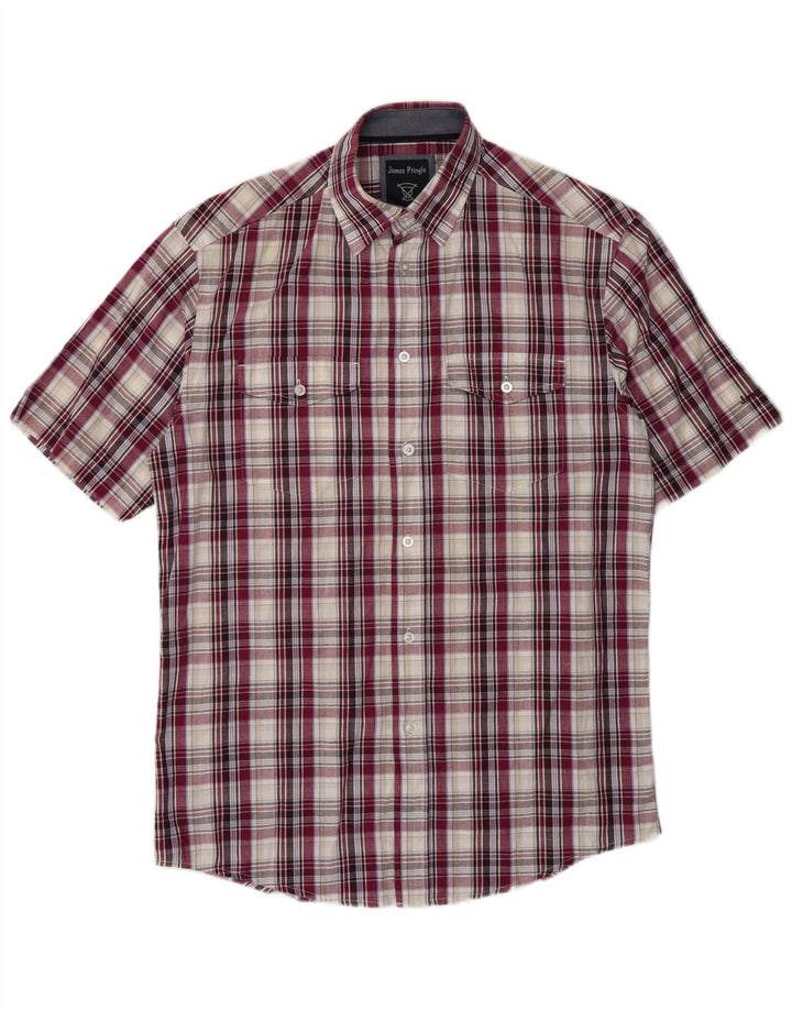 Camisa masculina de manga curta James Pringle, pequena, roxa, xadrez, algodão