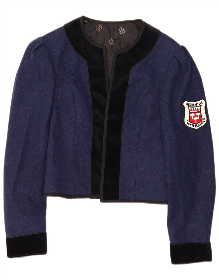 Jaqueta blazer feminina vintage Trachten Crop aberta Reino Unido 12 azul marinho médio