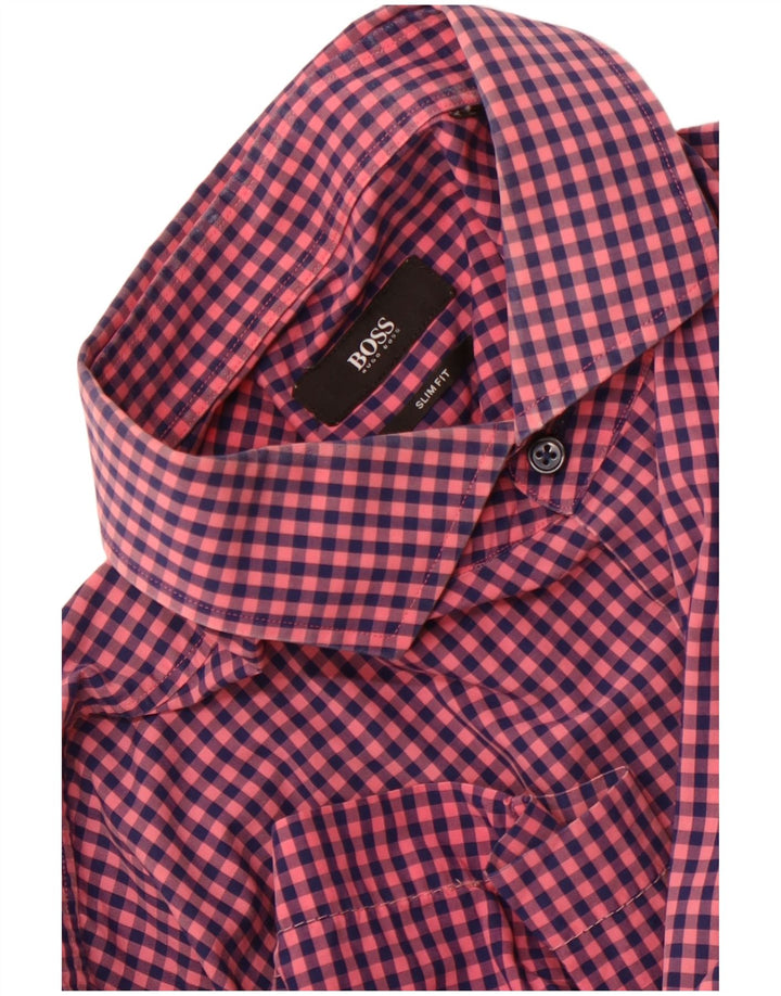 Camisa masculina de manga curta Slim Fit Hugo Boss grande guingão rosa