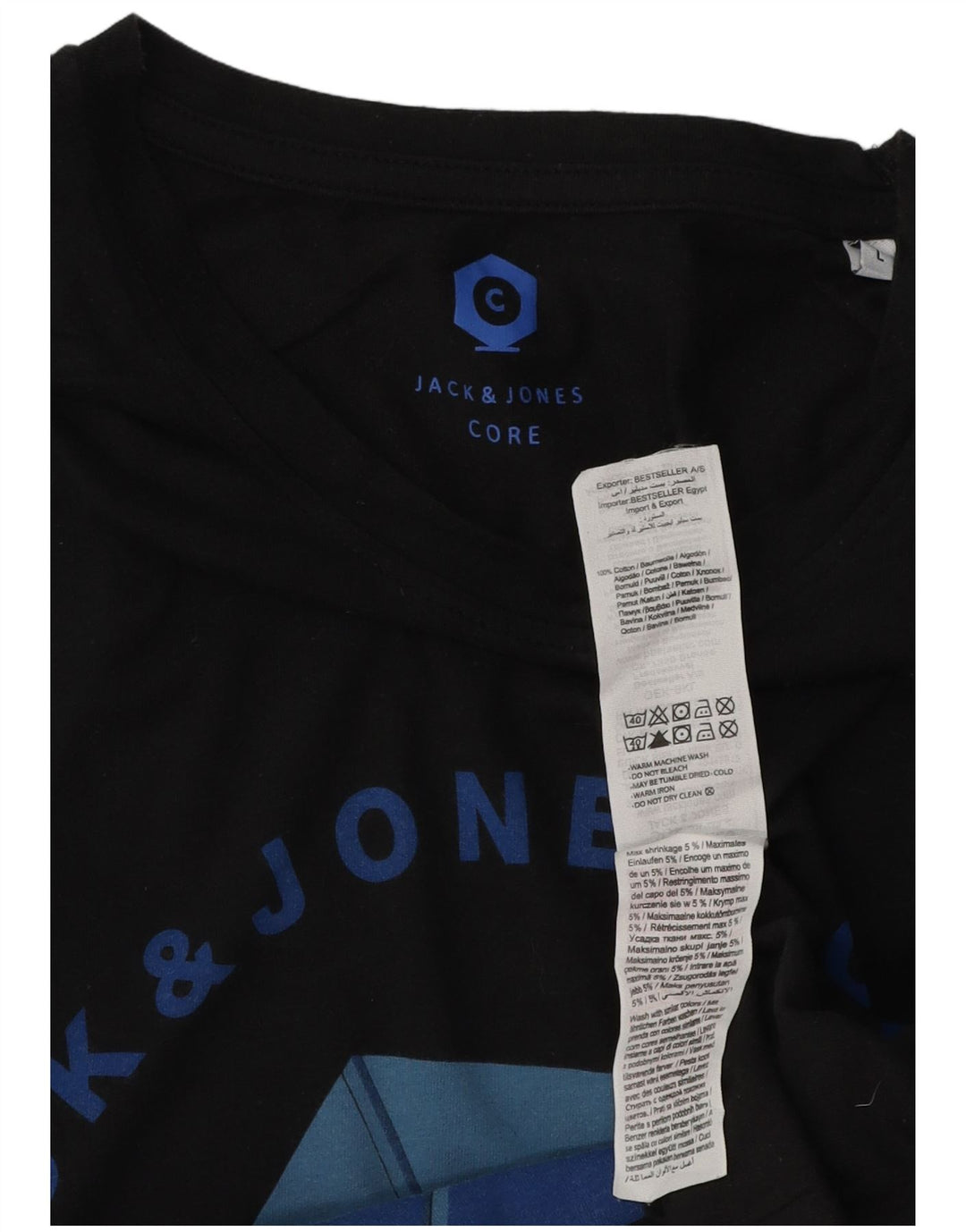 Camiseta masculina JACK & JONES com estampa gráfica grande de algodão preto