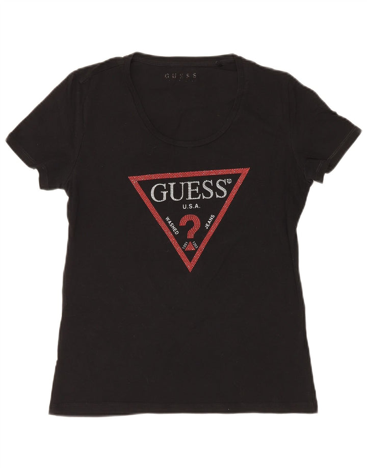 Camiseta feminina gráfica GUESS UK 8 pequena algodão preto