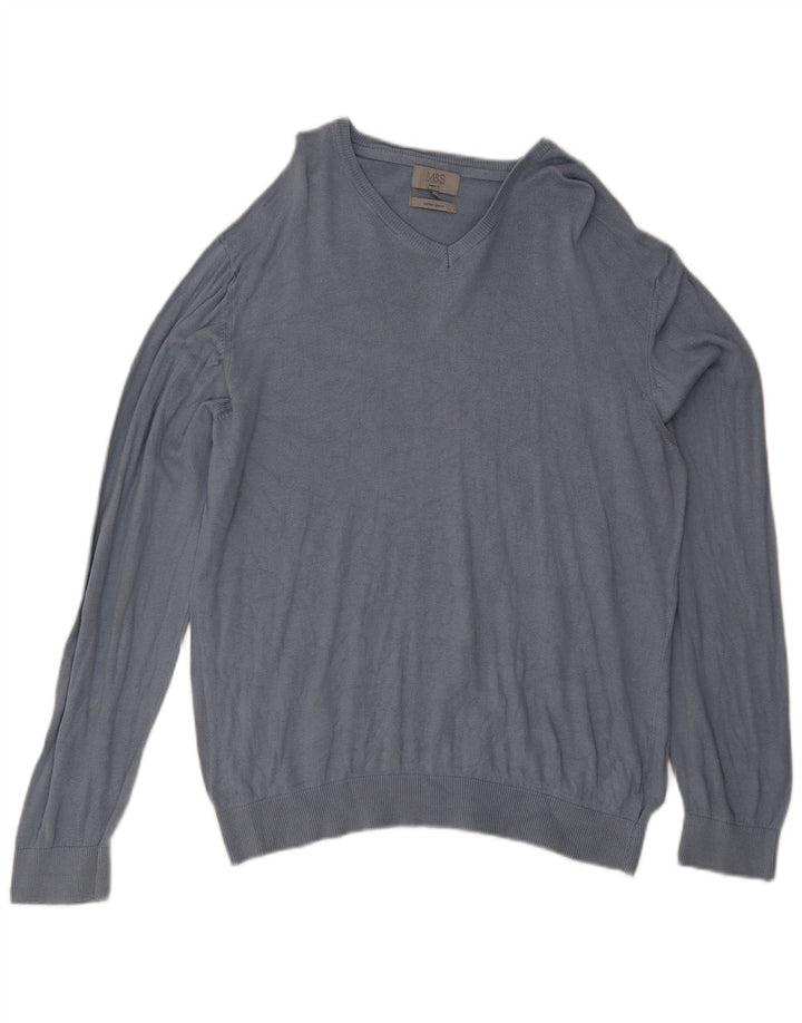 Suéter masculino Marks & Spencer de ajuste regular com decote em V 2XL algodão azul