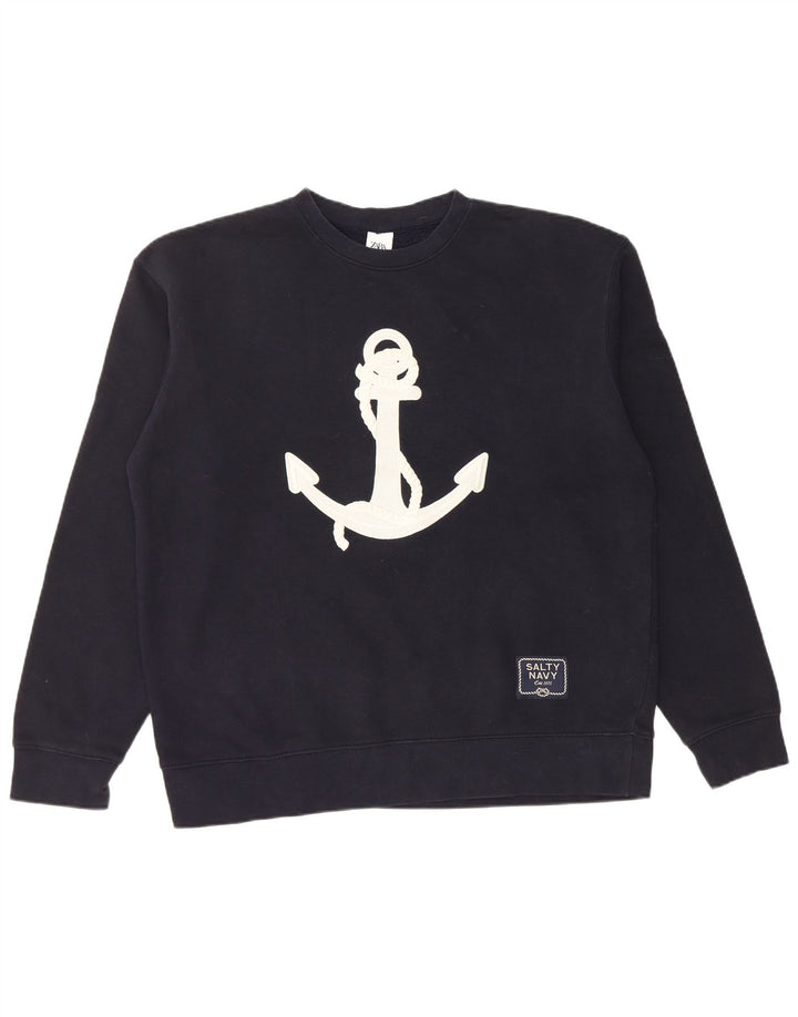 Zara moletom gráfico masculino jumper grande azul marinho algodão náutico