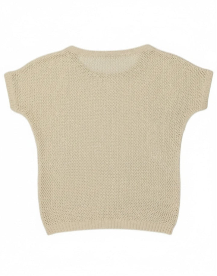 Suéter feminino vintage de manga curta com gola redonda UK 12 médio off white