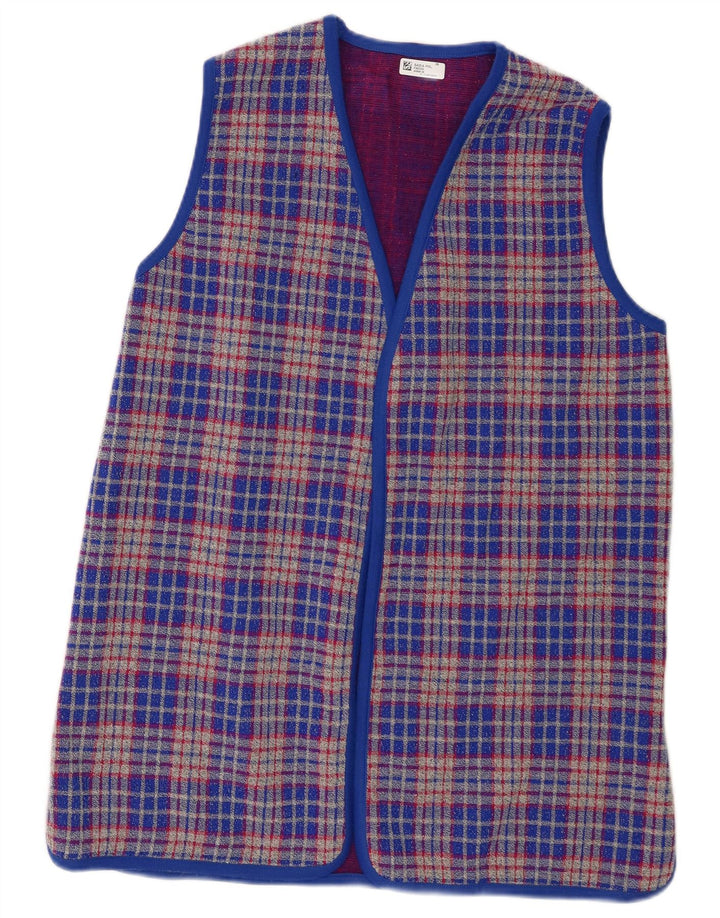 Suéter cardigã feminino vintage sem mangas Reino Unido 14 xadrez azul médio