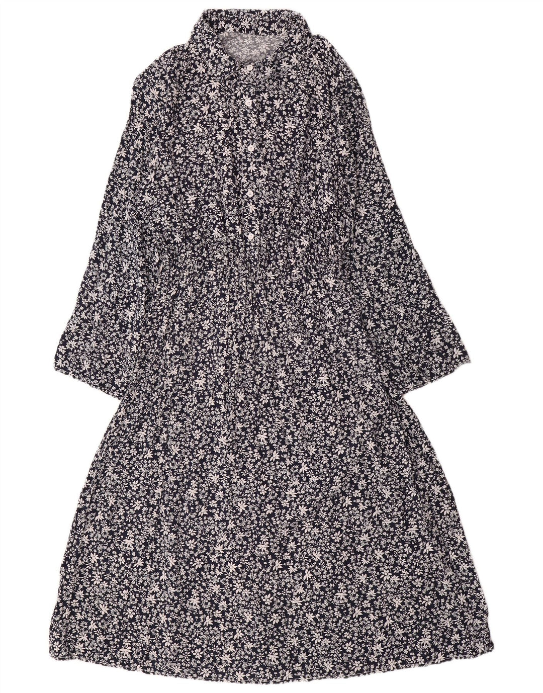 Vestido maxi feminino VINTAGE de manga comprida Reino Unido 14 grande algodão floral azul marinho