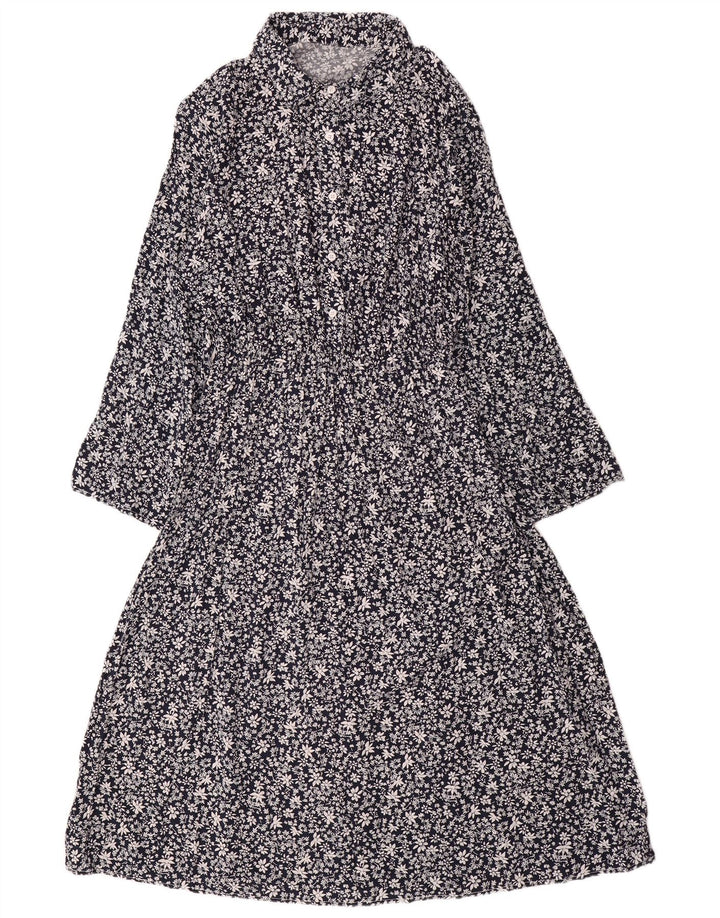 Vestido maxi feminino VINTAGE de manga comprida Reino Unido 14 grande algodão floral azul marinho