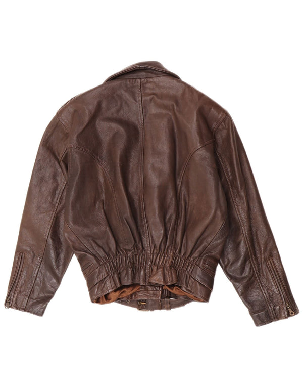 Jaqueta de motociclista de couro superdimensionada feminina vintage Reino Unido 6 XS couro marrom