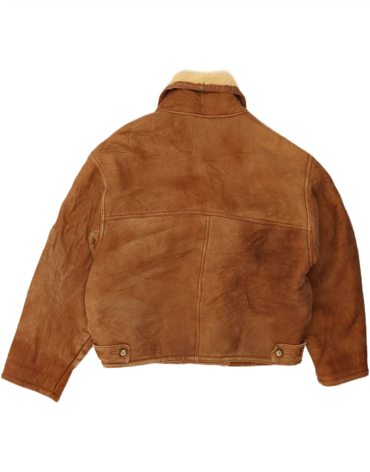 Jaqueta vintage masculina de peito duplo shearling Reino Unido 20 2XL marrom shearling