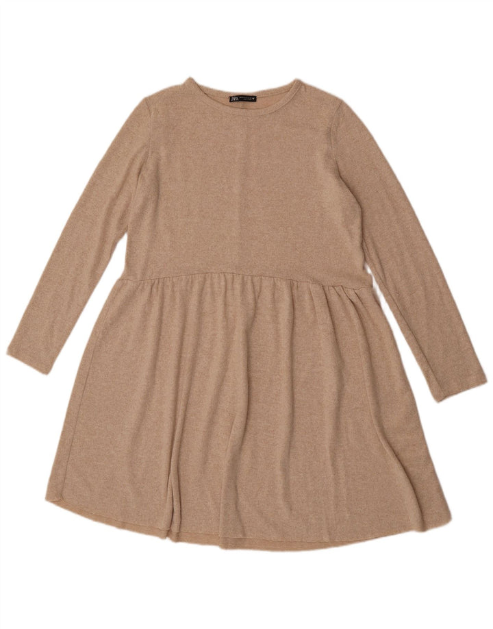 Vestido feminino Zara manga comprida evasê Reino Unido 12 poliéster bege médio salpicado