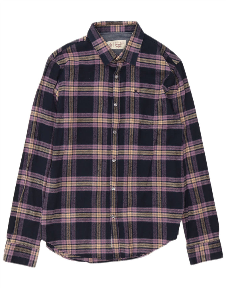 Camisa masculina de flanela Penguin, algodão xadrez médio azul marinho