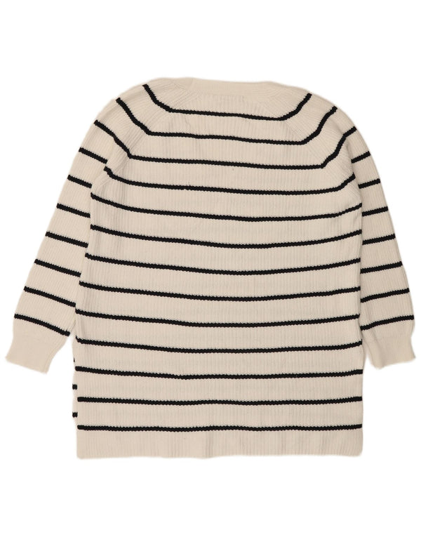 Suéter feminino Marks & Spencer com decote em V UK 14 listrado branco médio