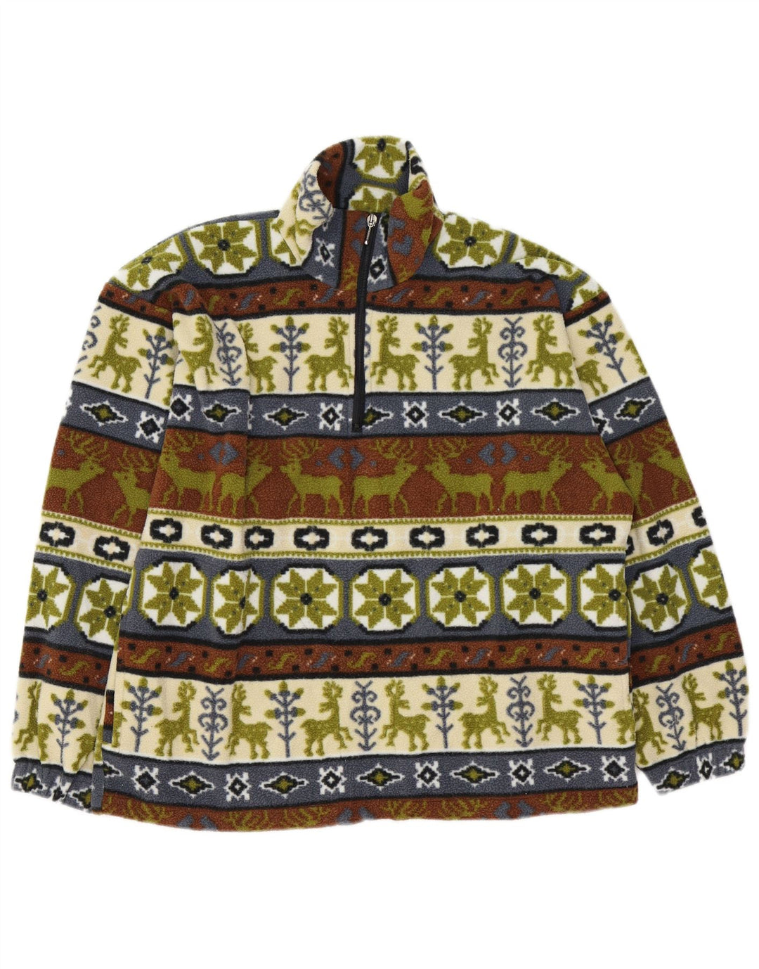 Suéter vintage masculino de lã com zíper e gola média multicolorido Fair Isle