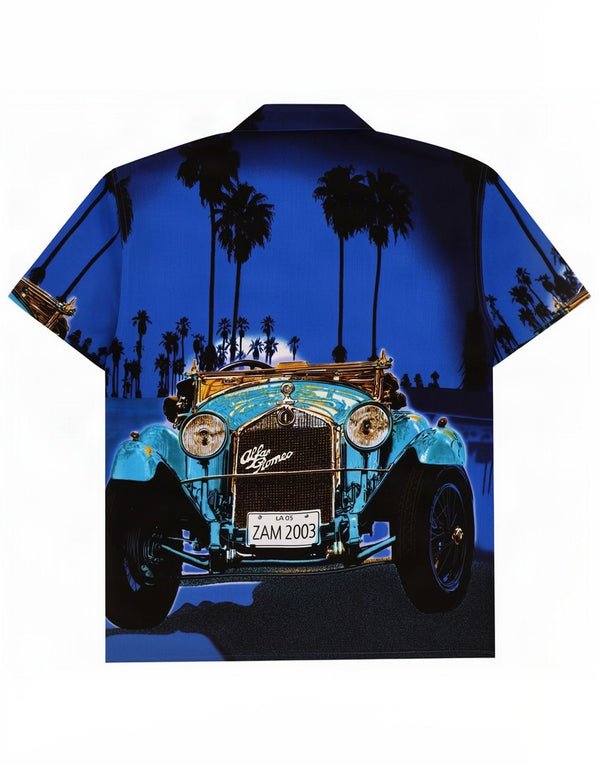Camisa masculina havaiana de manga curta vintage grande poliéster azul