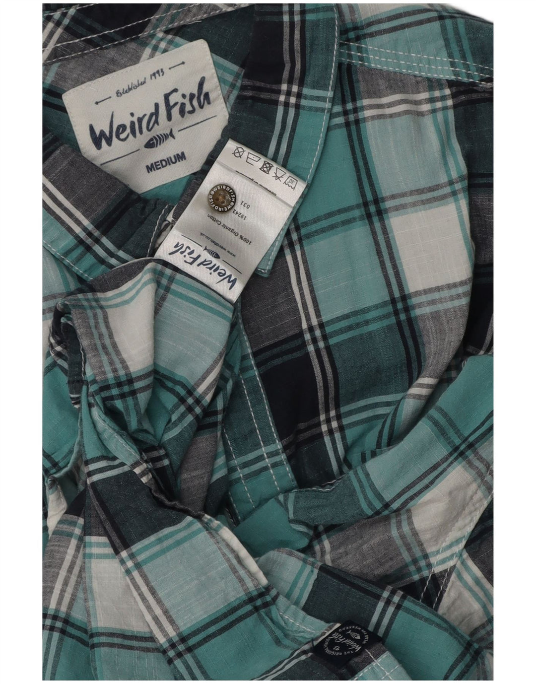 Camisa masculina de manga curta Weird Fish, algodão xadrez azul médio