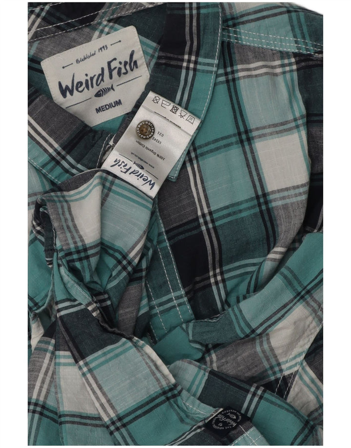 Camisa masculina de manga curta Weird Fish, algodão xadrez azul médio