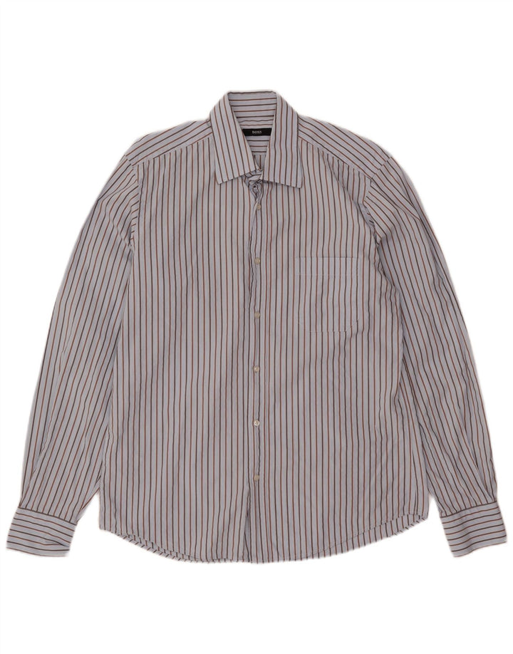 Camisa masculina Hugo Boss tamanho 40 15 3/4 algodão listrado azul médio