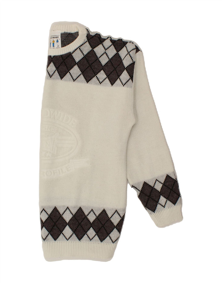 VINTAGE Mens Graphic Boat Neck Jumper Sweater XL White Argyle/Diamond Vintage Vintage and Second-Hand Vintage from Messina Hembry 