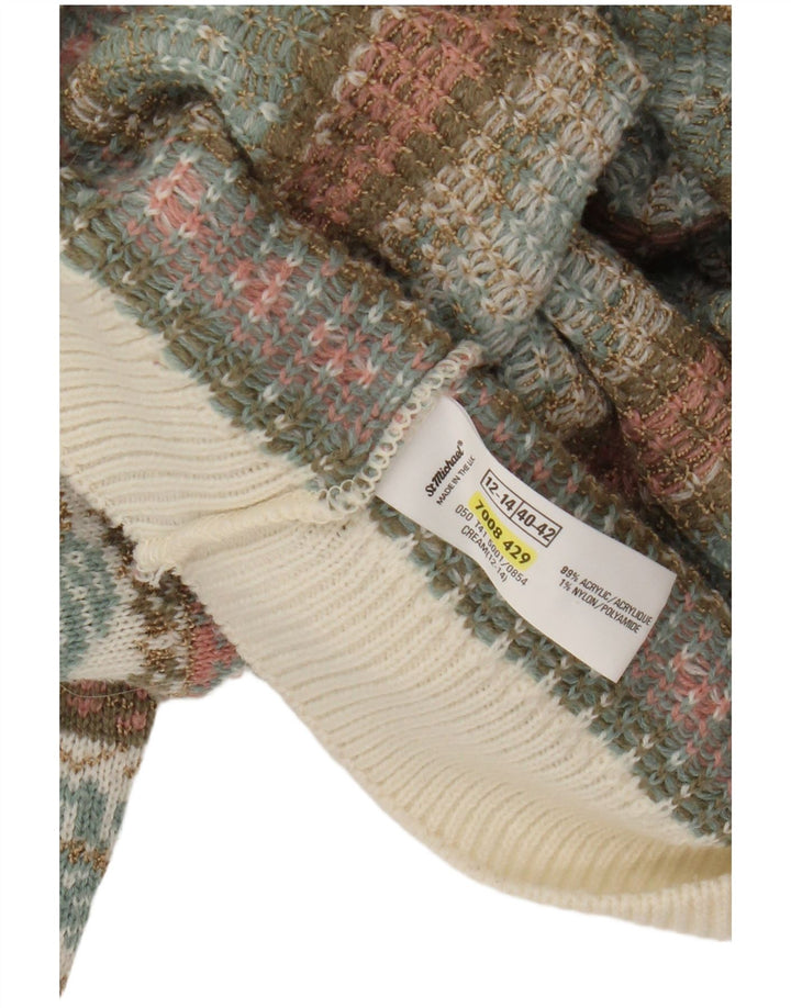Suéter cardigã feminino St Michael Reino Unido 12/14 verde médio Fair Isle acrílico