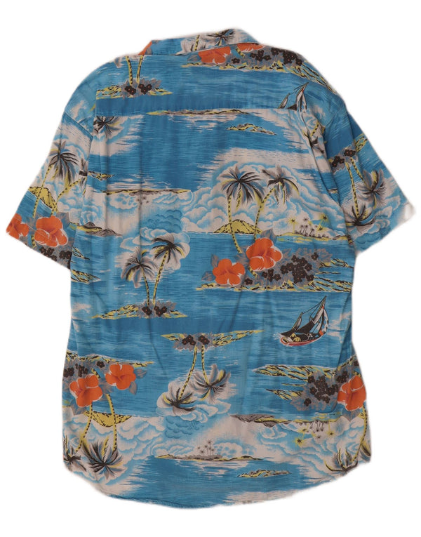 Camisa masculina vintage de manga curta azul médio floral algodão havaiano