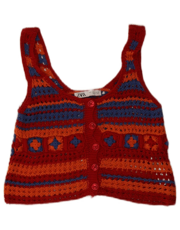 Zara Top feminino de crochê sem mangas Reino Unido 8 pequeno algodão geométrico vermelho