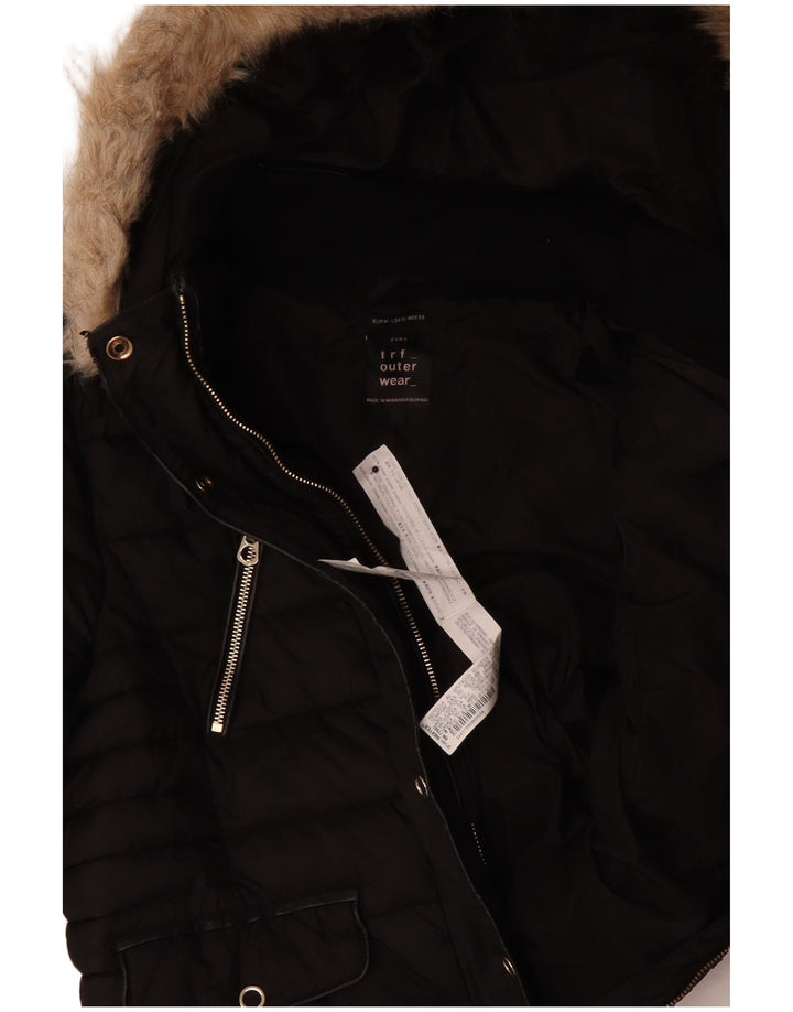 Jaqueta acolchoada com capuz feminino Zara UK 14 poliéster preto médio