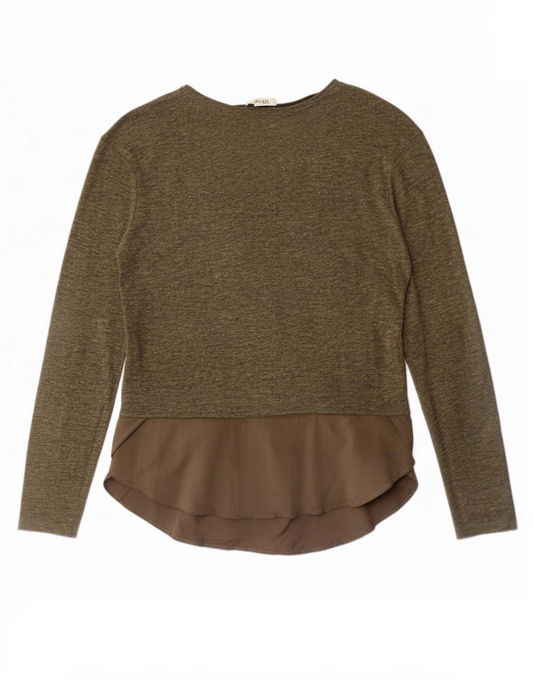 Top feminino Zara manga comprida UK 14 colorblock cáqui médio