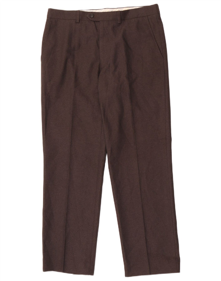 Calça masculina de terno reto Marks & Spencer W34 L31 espinha de peixe marrom