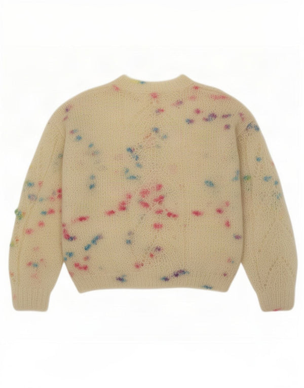 Suéter feminino vintage com gola redonda UK 14 médio bege manchado