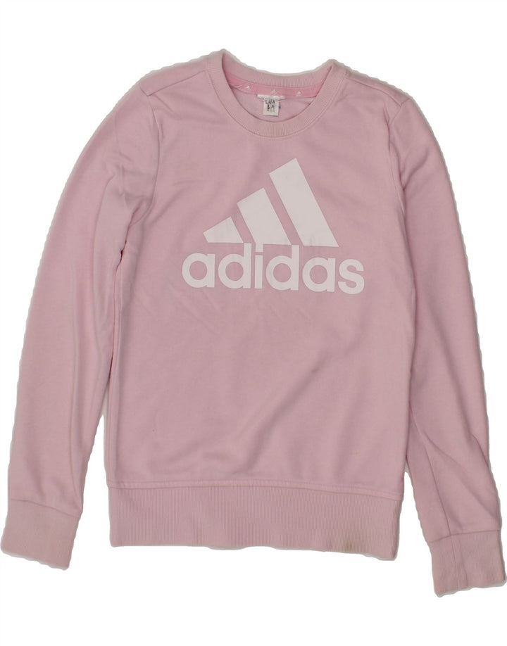 ADIDAS Girls Graphic Sweatshirt Jumper 9-10 Years Pink Vintage Adidas and Second-Hand Adidas from Messina Hembry 