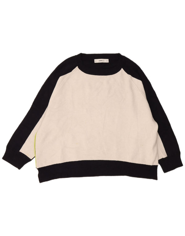 Suéter feminino Zara com gola canoa Reino Unido 10 pequeno bloco colorido azul marinho