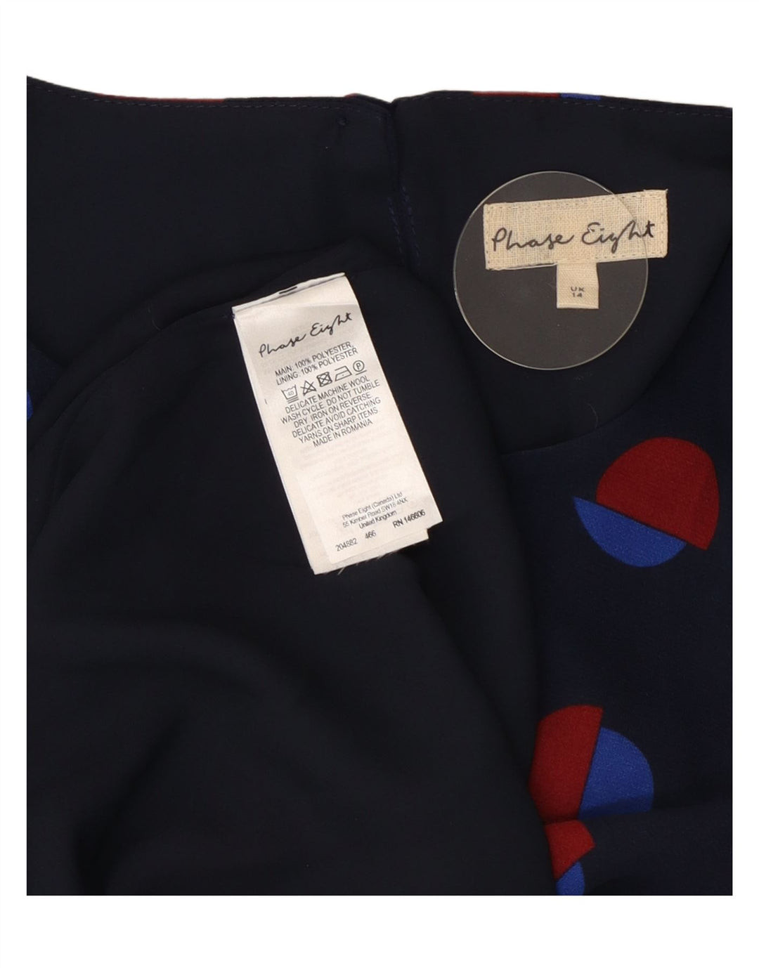 Vestido feminino Phase Eight manga 3/4 Reino Unido 14 grande azul marinho manchado