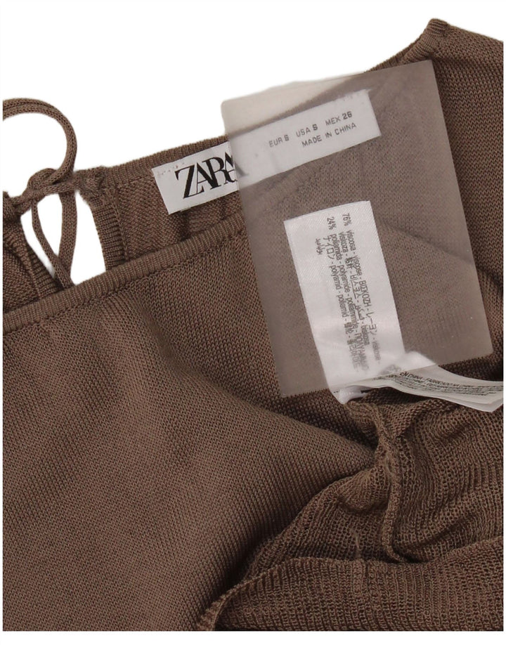 Zara blusa feminina oversized manga comprida top UK 10 pequeno bloco colorido marrom