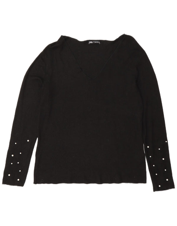 Suéter feminino Zara com decote em V Reino Unido 18 XL preto manchado de viscose