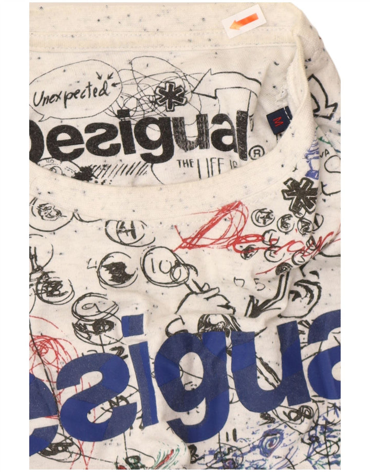 DESIGUAL Camiseta masculina com padrão abstrato gráfico top médio algodão branco