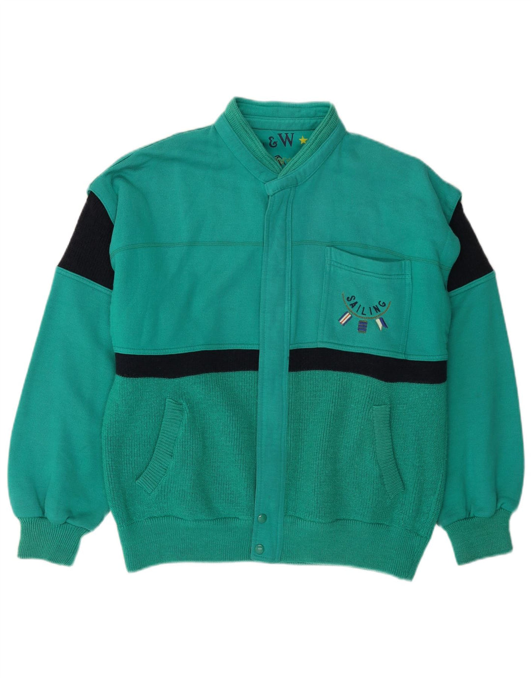 Suéter cardigã masculino VINTAGE grande lã colorblock verde