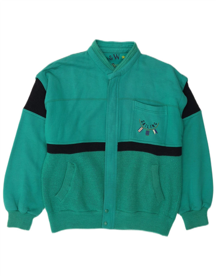 Suéter cardigã masculino VINTAGE grande lã colorblock verde