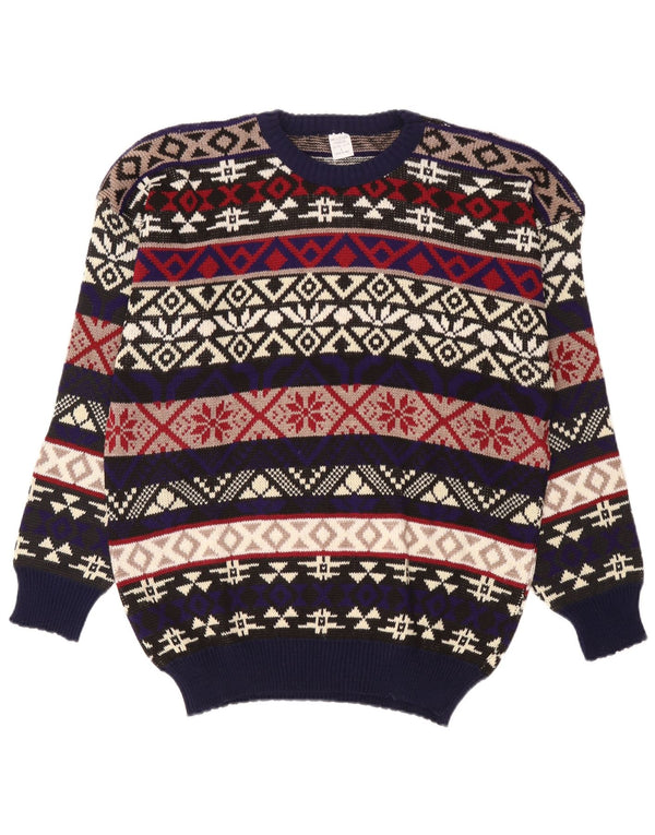 Suéter vintage masculino com gola redonda, grande, multicolorido, Fair Isle, acrílico