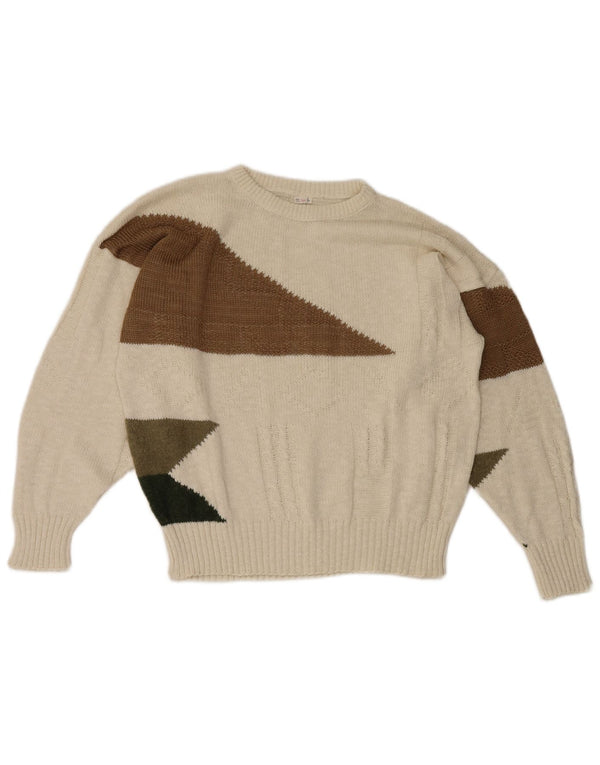 Suéter vintage feminino com gola redonda, 13-14 anos, algodão geométrico branco