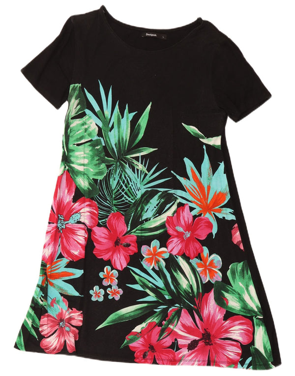 Vestido feminino Desigual A-Line UK 14 grande preto floral