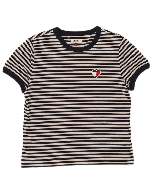 Tommy Hilfiger Camiseta Crop Feminina Top Reino Unido 10 Pequeno Algodão Listrado Azul Marinho