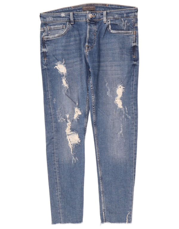 Zara Mens Distressed Slim Jeans EU 44 Grande W34 L28 Azul Algodão