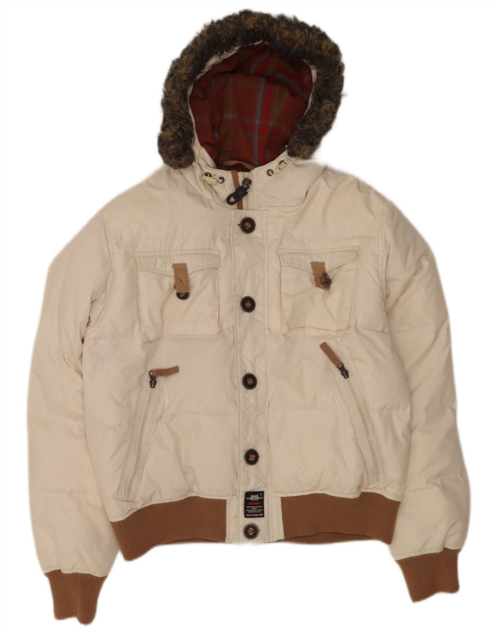 Jaqueta masculina acolchoada com capuz gráfico Charro UK 36 poliéster branco pequeno