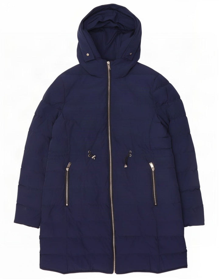 Jaeger Casaco acolchoado feminino com capuz Reino Unido 14 grande poliéster azul marinho